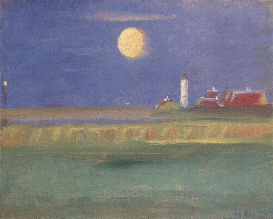 Anna Ancher, Moonlit Evening. Lighthouse (1904), oil on cardboard, 23 x 28 cm, Location not known. Wikimedia Commons.