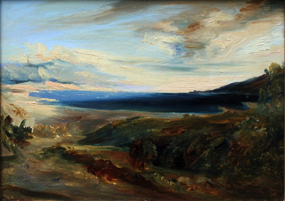 Carl Eduard Ferdinand Blechen, Meeresbucht in Italien (Bay in Italy) (1829), oil on canvas, 21 x 31 cm, Alte Nationalgalerie, Berlin. Wikimedia Commons.