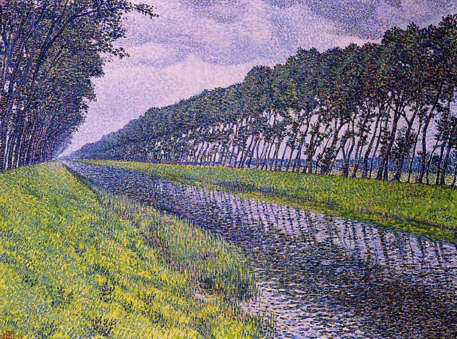 Théo van Rysselberghe (1862-1926), Canal in Flanders (1894), oil on canvas, 152.4 x 203.2 cm, Private collection. WikiArt.