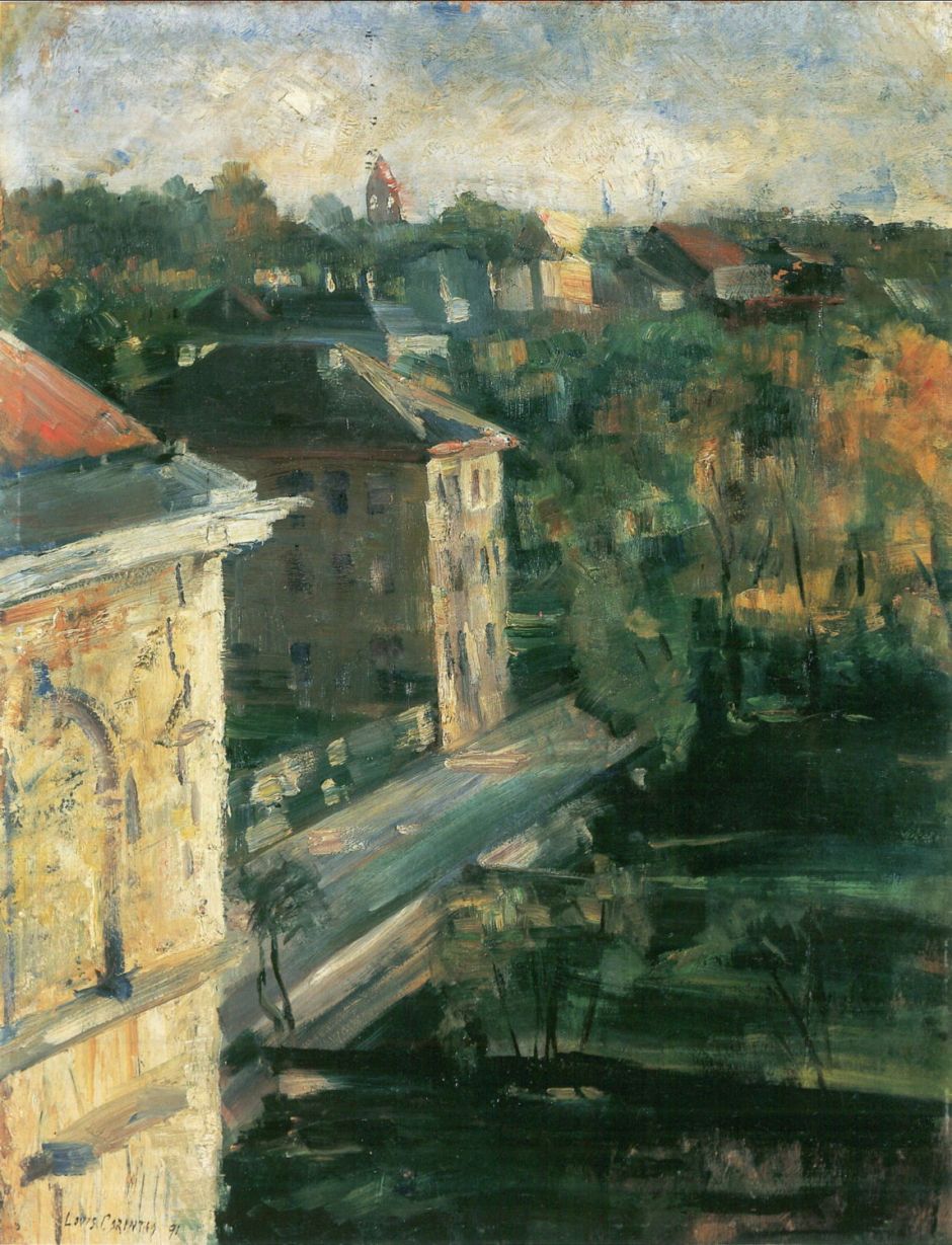 Lovis Corinth, Blick aus dem Atelierfenster (View from the Studio Window) (1891), oil on cardboard, 64.5 x 50 cm, Neue Galerie, Linz. Wikimedia Commons.