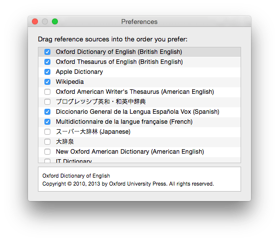 Add further reference dictionaries using the Dictionary app's Preferences dialog.