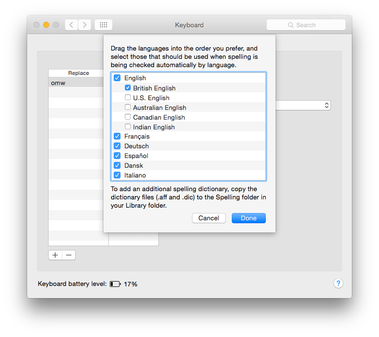 Spelling dictionaries are added through the Text tab of the Keyboard pane.