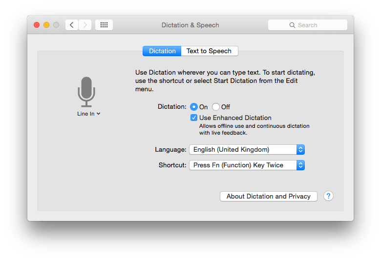 Turn Enhanced Dictation on to allow continuous speech conversion, and for that to take place on your Mac.