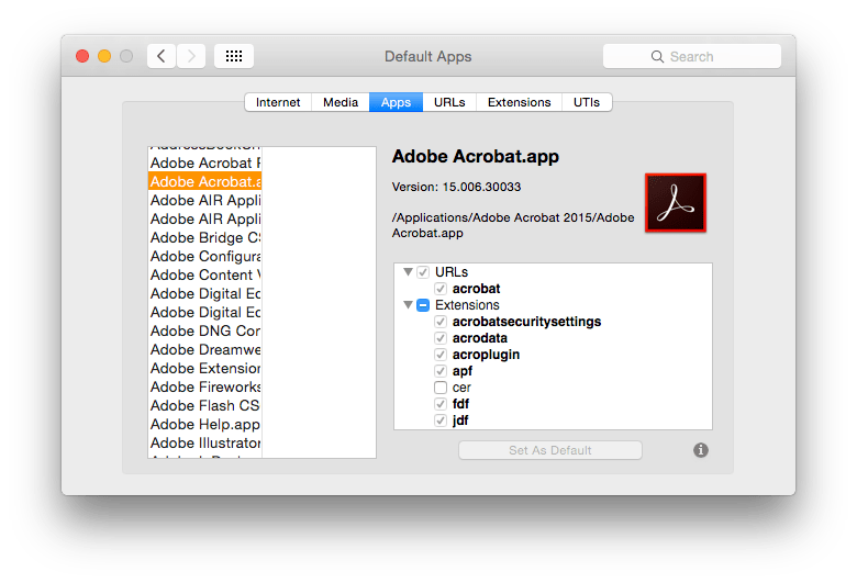 RCDefaultApps showing apps and their associated document types.