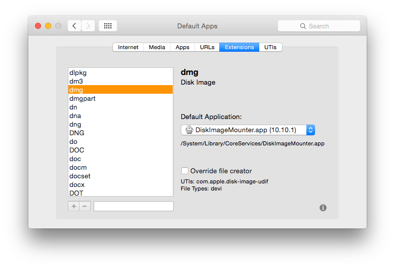 RCDefaultApps showing Finder associations with filename extensions.