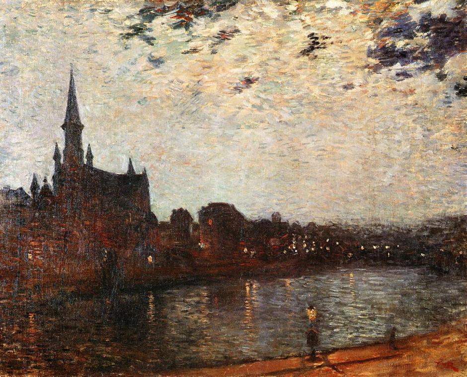 Théo van Rysselberghe, Holy Cross Church at Ixelles at Night (1886), oil on canvas, 54 x 67 cm, Musée d'Ixelles, Brussels. WikiArt.