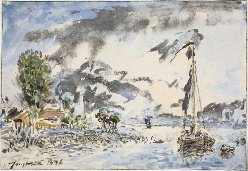 Johan Barthold Jongkind, Fishing Boat (1878), watercolour and body colour and black chalk on paper, 18.4 x 26.6 cm, Art Institute of Chicago, Chicago. Wikimedia Commons.