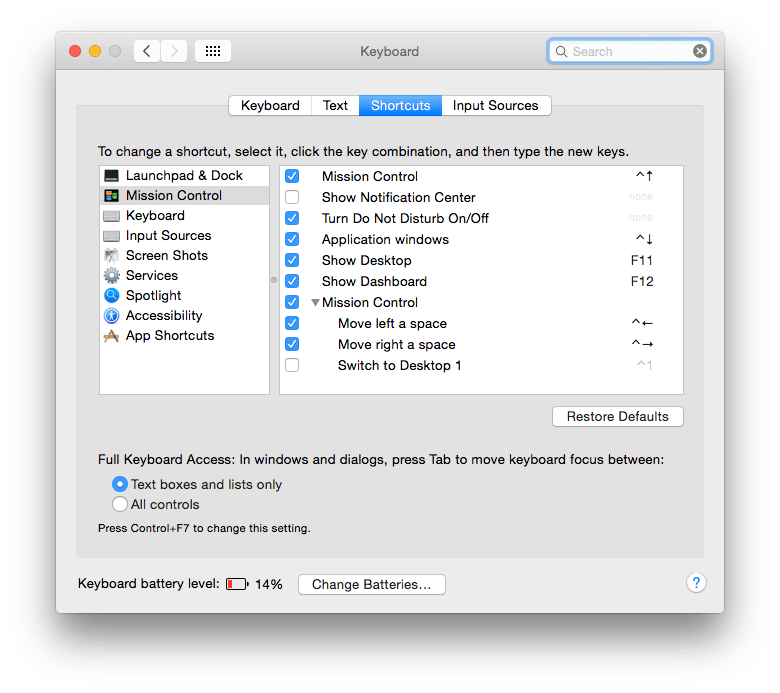 Default settings in the Shortcuts tab of the Keyboard pane.