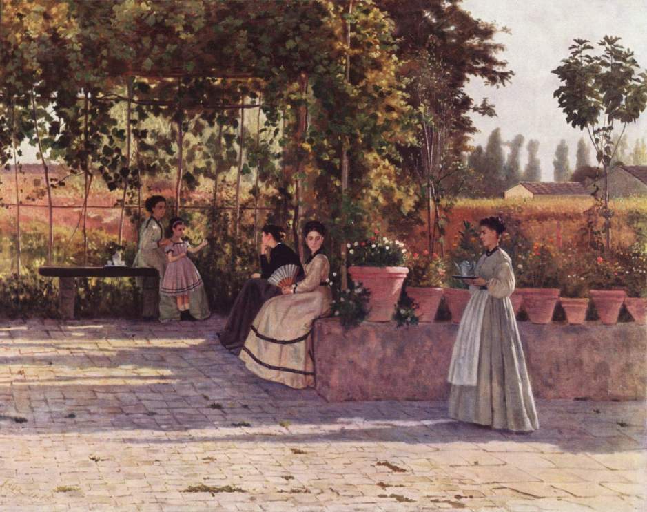 Silvestro Lega, The Pergola (1868), oil on canvas, 75 x 94 cm, Pinacoteca di Brera, Milan. Wikimedia Commons.