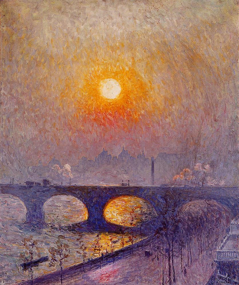 Émile Claus, (Sunset over Waterloo Bridge) (1916), oil on canvas, dimensions not known, location not known. WikiArt.