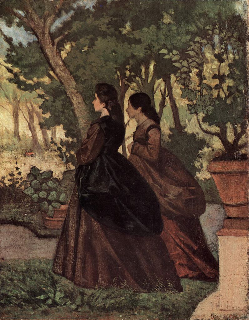 Giovanni Fattori, Two Women in the Garden of Castiglioncello (1864-5), oil on canvas, 34 x 26.5 cm, Private collection. WikiArt.