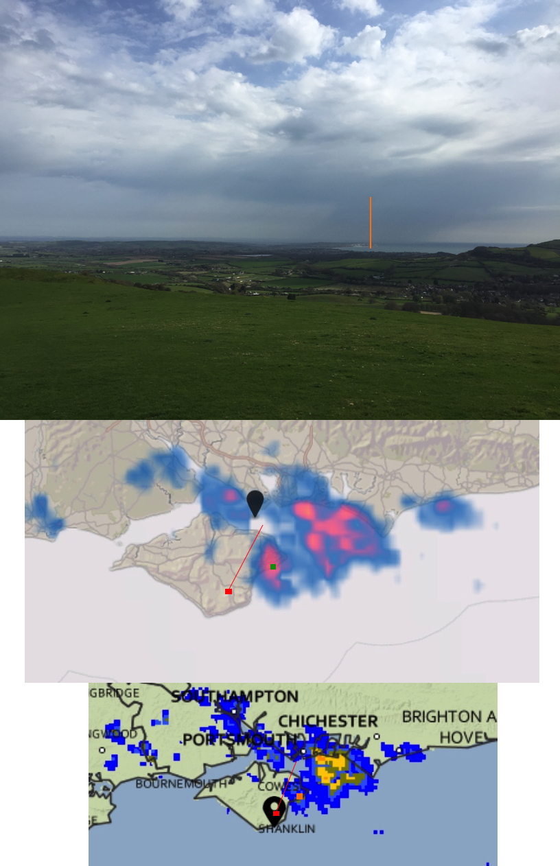 Visible view from the red spot, centre in the direction of the red line, with the orange or green mark indicating Culver Cliff. Not the mismatch between Dark Sky radar (upper) and UK Met Office radar (lower), and with observation of the rain further north east.