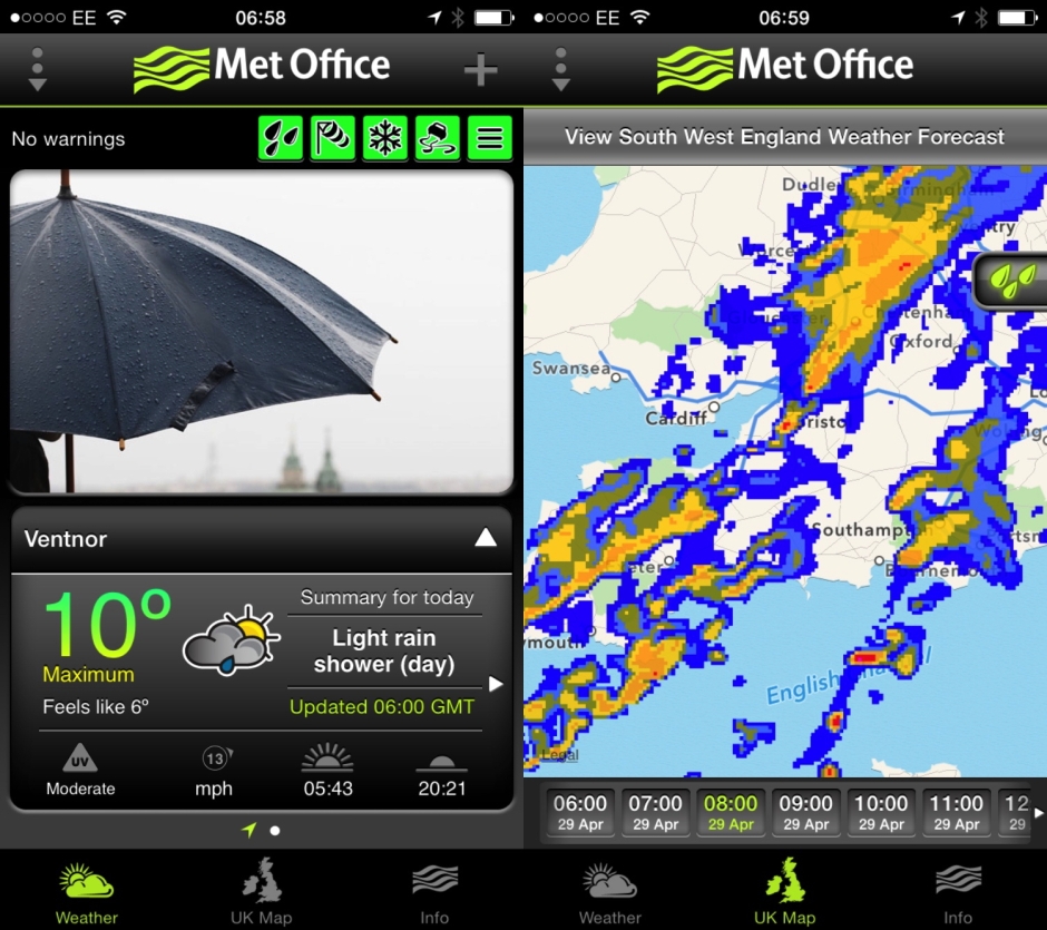 Met Office main screens, showing the forecast and forecast rainfall radar for 1 hour ahead.