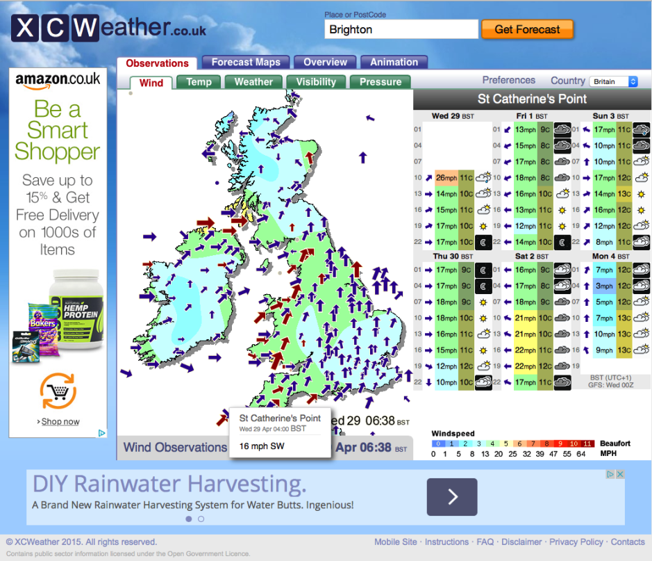 The XCWeather website, with its detailed wind information.