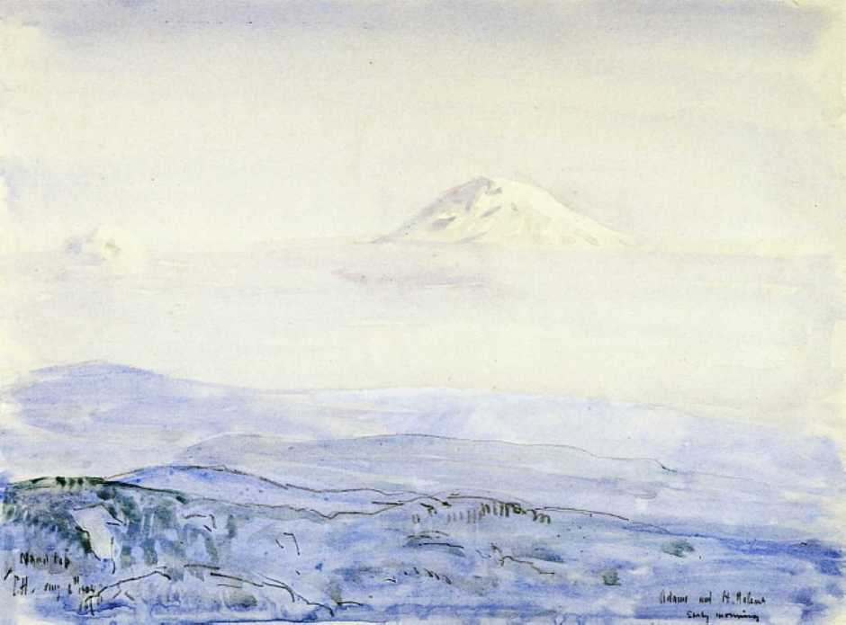 Frederick Childe Hassam, Adams and St. Helen's, Early Morning (1904), watercolour, 25.4 x 35.2 cm, Fogg Museum of Art, Harvard University, Cambridge, MA. WikiArt.