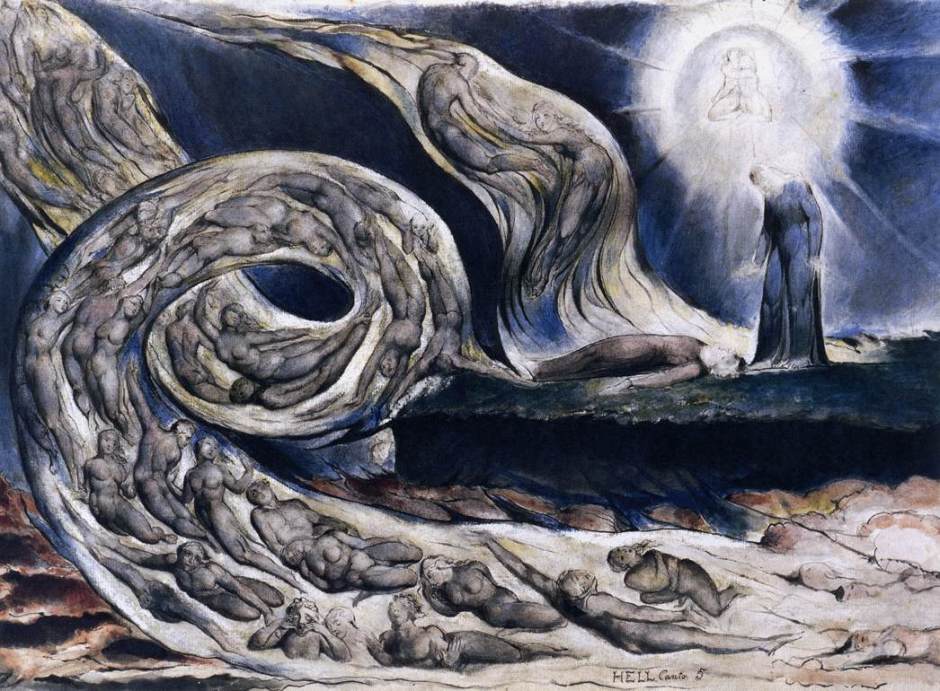 William Blake, The Lovers' Whirlwind, Francesca da Rimini and Paolo Malatesta (illustration for Dante, The Divine Comedy) (1824-7), watercolour, pen and ink, 37.4 x 53 cm, Birmingham Museum and Art Gallery, Birmingham. WikiArt.