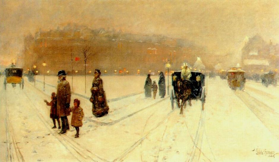 Frederick Childe Hassam, A City Fairyland (1886), oil on canvas, 50.8 x 83.8 cm, Private collection. WikiArt.