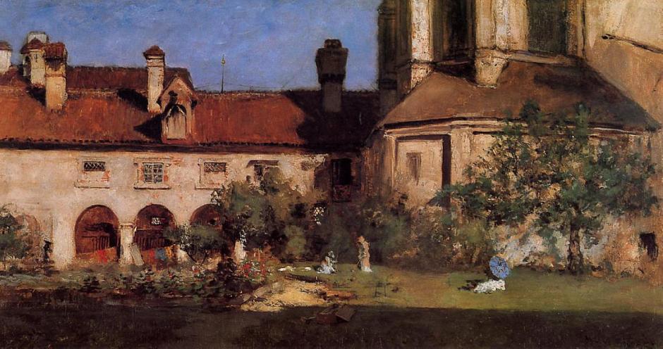 William Merritt Chase, The Cloisters (c 1880), oil on canvas, 61.28 x 91.44 cm, location not known. WikiArt.