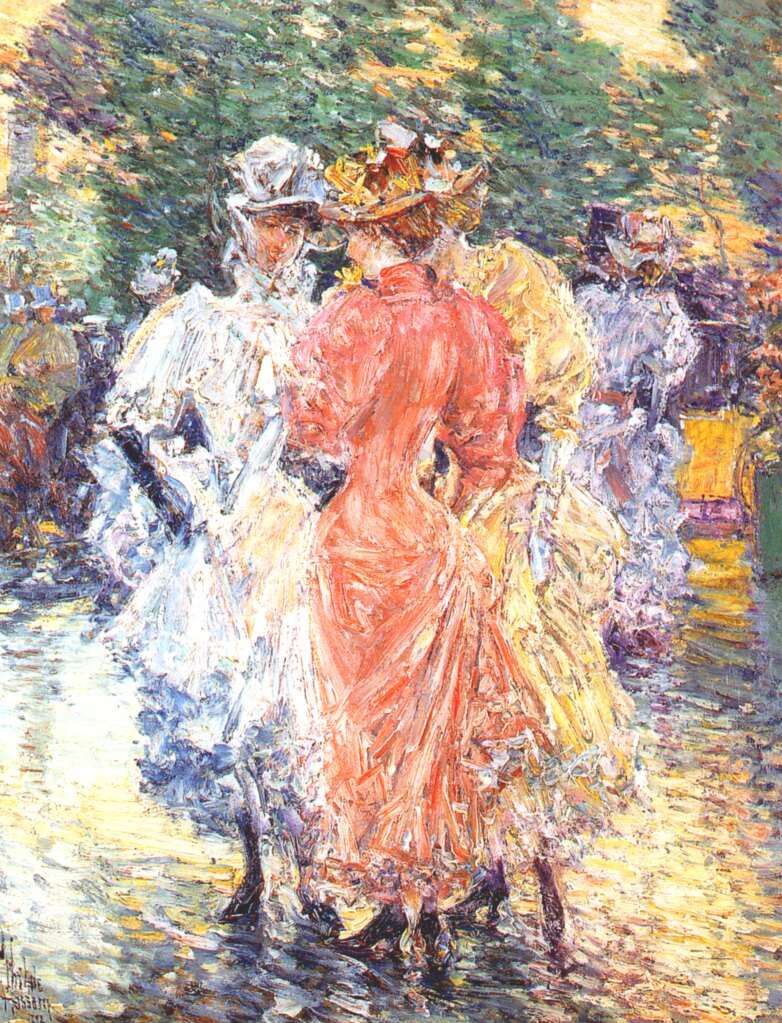 Frederick Childe Hassam, Conversation on the Avenue (1892), oil on board, 40 x 31.8 cm, Private collection. WikiArt.