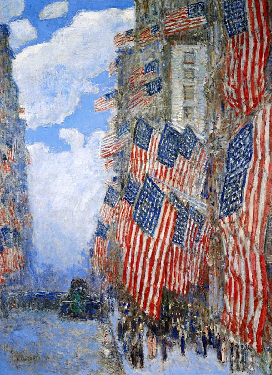 Frederick Childe Hassam, The Fourth of July, 1916 (1916), oil on canvas, 91.4 x 66.4 cm, Private collection. WikiArt.