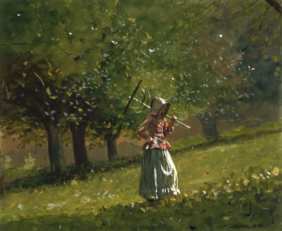 Winslow Homer, Girl with Hay Rake (1878), watercolour on wove paper, 17.6 x 21.4 cm, The National Gallery of Art, Washington, DC. Wikimedia Commons.