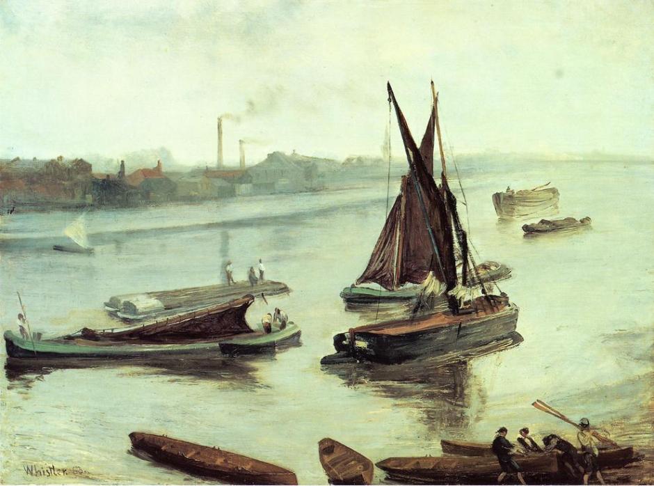 James Abbott McNeill Whistler, Grey and Silver: Old Battersea Reach (1863), oil on canvas, 50.8 x 68.6 cm, Art Institute of Chicago, Chicago, IL. WikiArt.