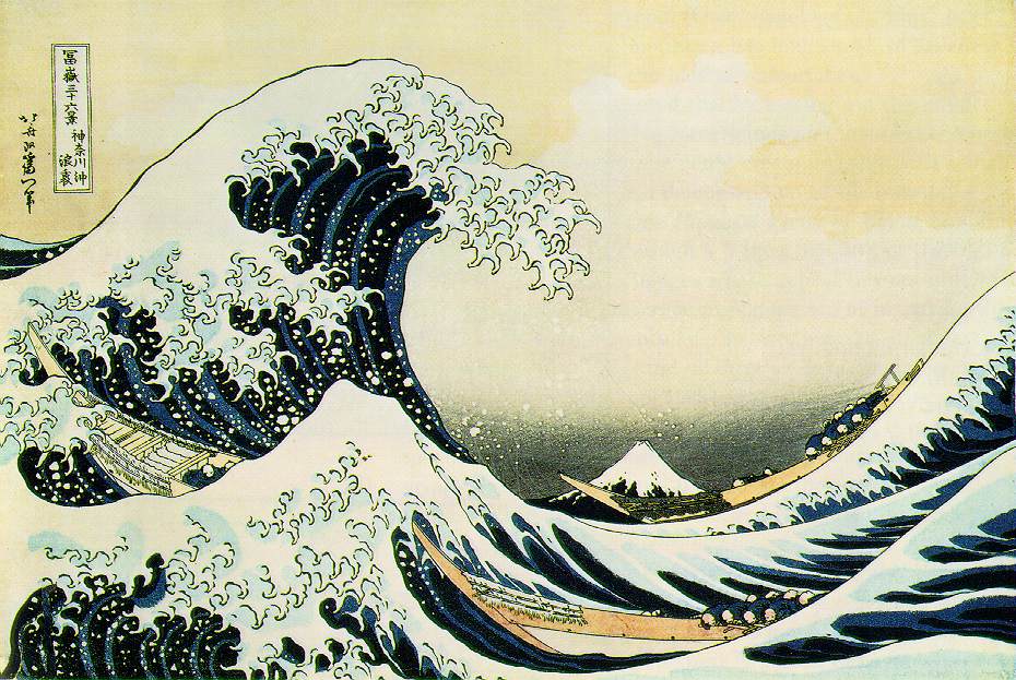 Katsushika Hokusai, The Great Wave of Kanagawa (1831), woodcut print, in "Thirty-six Views of Mount Fuji", Private collection. WikiArt.