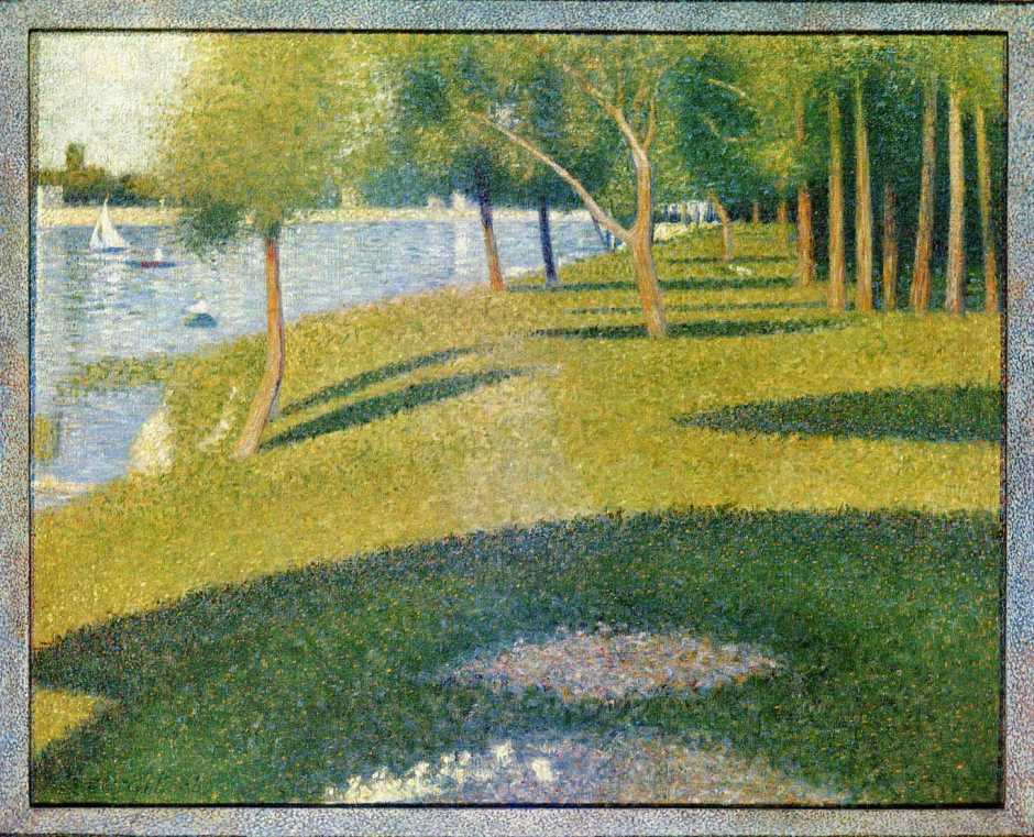 Georges Seurat, Landscape - the Island of the Grande Jatte (1884), oil on canvas, 69.9 x 85.7 cm, Private collection. WikiArt.