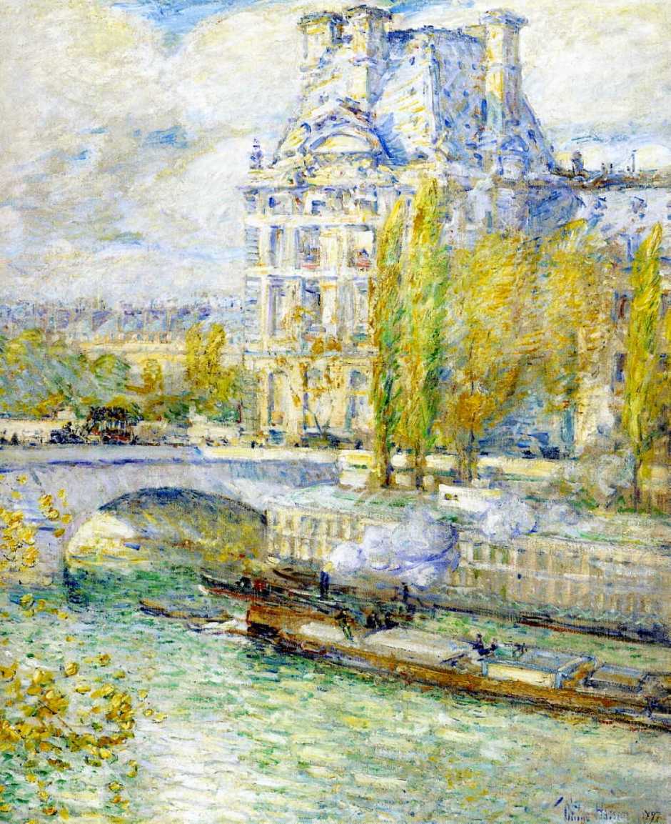 Frederick Childe Hassam, Le Louvre et le Pont Royal (1897), oil on canvas, 72.4 x 62.2 cm, MSC Forsyth Center Galleries, Texas A and M University, College Station, TX. WikiArt.
