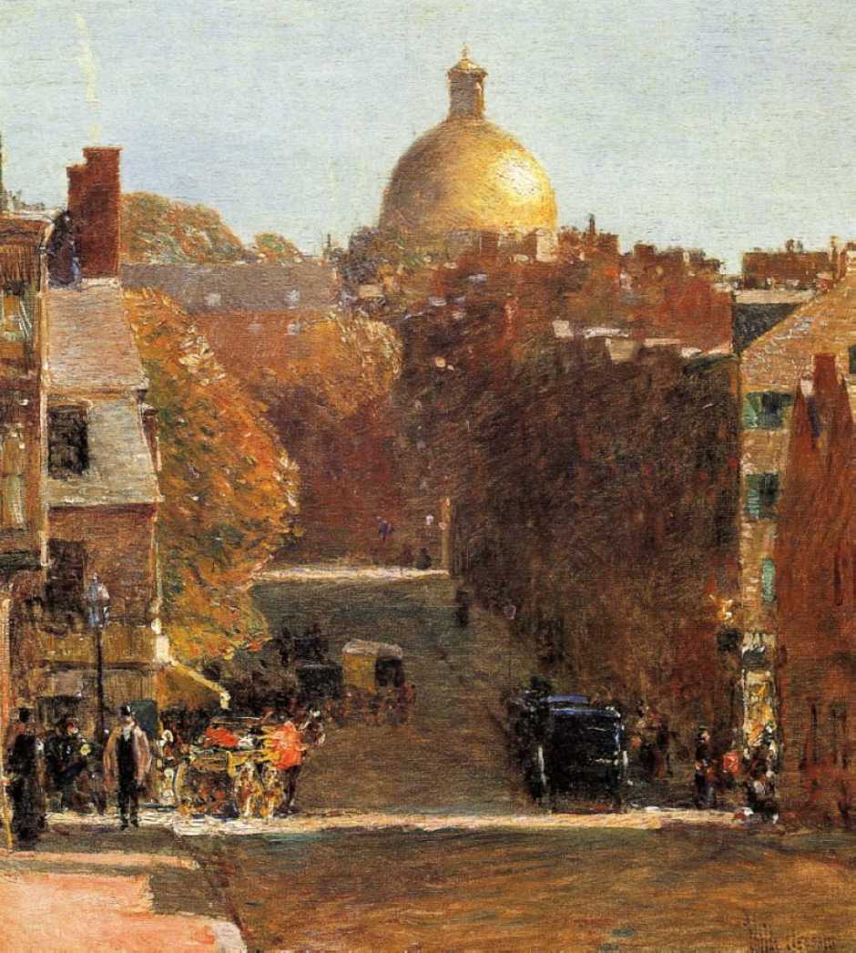Frederick Childe Hassam, Mount Vernon Street, Boston, Looking Towards the State House (c 1890), oil on canvas, 45.7 x 40.6 cm, Private collection. WikiArt.