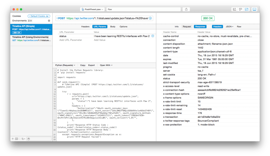 Paw, with the HTTP ready to send a tweet. Note this is shown as Python source in the lower centre pane.