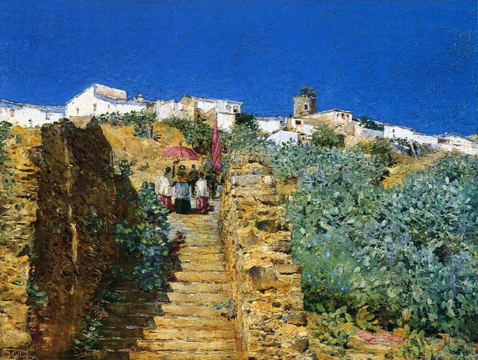 Frederick Childe Hassam, Church Procession, Spanish Steps (c 1883), oil on canvas, dimensions not known, Private collection. WikiArt.