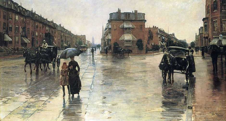 Frederick Childe Hassam, Rainy Day, Columbus Avenue, Boston (1885), oil on canvas, 66.4 x 121.9 cm, Toledo Museum of Art, Toledo, OH. WikiArt.