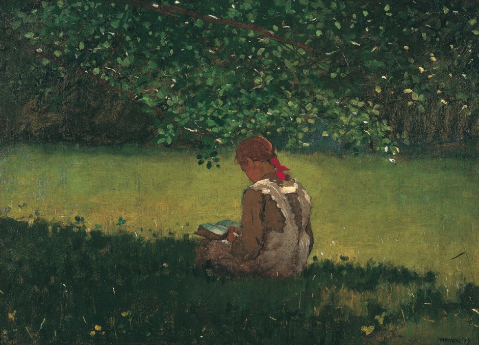 Winslow Homer, Reading by the Brook (1879), oil on canvas, 40.3 x 57.8 cm, Memphis Brooks Museum of Art, Memphis, TN. Memphis Brooks Museum of Art, via Wikimedia Commons.