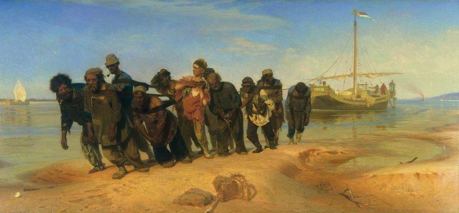 Ilya Yefimovich Repin, Barge Haulers on the Volga (1870-3), oil on canvas, 131.5 x 281 cm, State Russian Museum, Saint Petersburg. WikiArt.