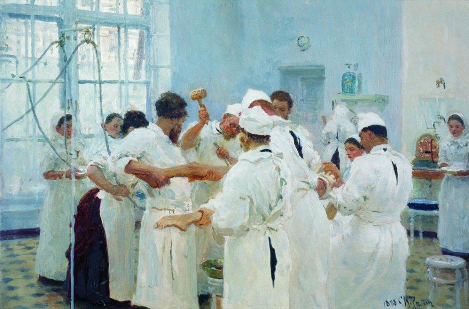 Ilya Yefimovich Repin, The Surgeon E Pavlov in the Operating Theatre (1888), oil on canvas, 27.8 x 40.3 cm, Tretyakov Gallery, Moscow. WikiArt.