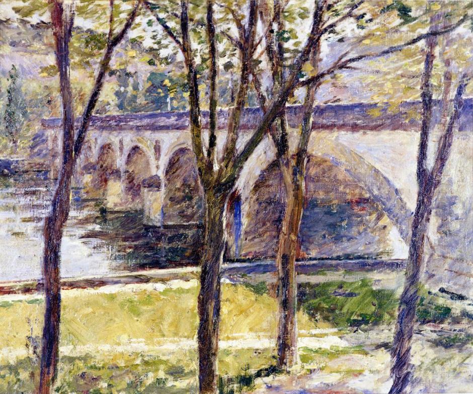 Theodore Robinson, Bridge near Giverny (c 1892), oil on canvas, 48.3 x 55.9 cm, Muskegon Museum of Art, Muskegon, MI. Wikimedia Commons.