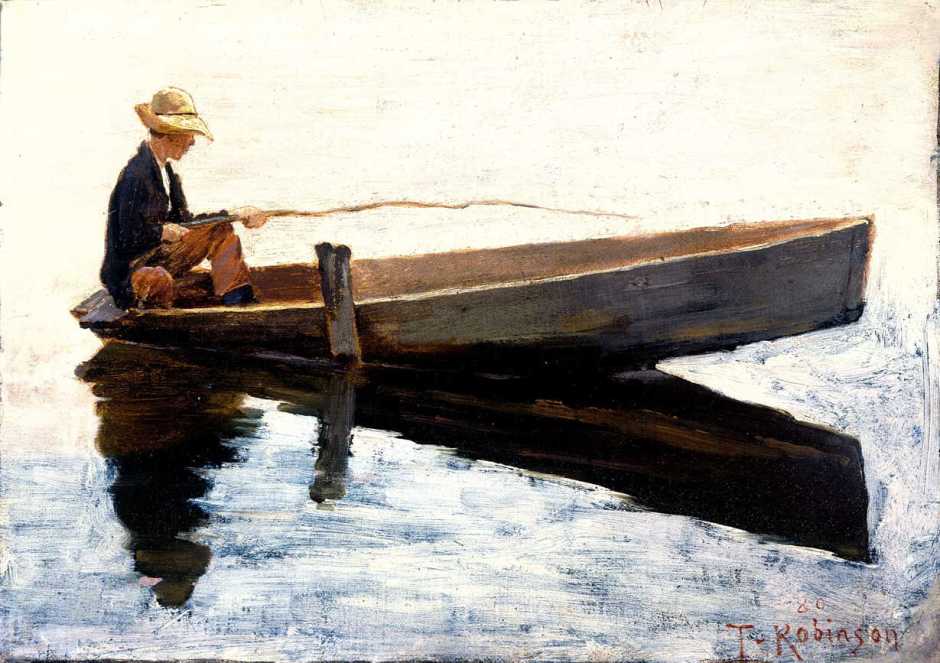 Theodore Robinson, Boy in a Boat Fishing (1880), oil on panel, 25.2 x 34.6 cm, Colby College Museum of Art, Waterville, Maine. Wikimedia Commons.
