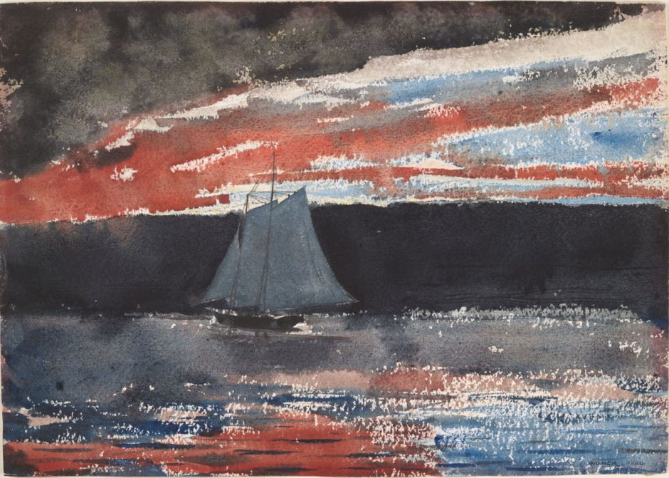 Winslow Homer, Schooner at Sunset (1880), watercolour and graphite on wove paper, 25 x 35 cm, Fogg Museum, Harvard, Cambridge, MA. Wikimedia Commons.