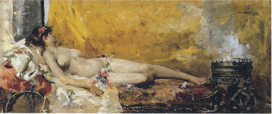 Joaquín Sorolla y Bastida, Resting Bacchante (1887), oil on canvas, 29 x 67 cm, Museo de Bellas Artes de Valencia en su Historia, Valencia. WikiArt.