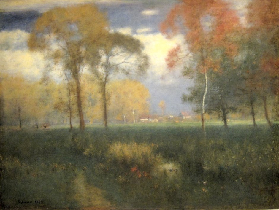 George Inness, Sunny Autumn Day (1892), oil on canvas, 81 x 106 cm, Cleveland Museum of Art, Cleveland, OH. By Wmpearl, via Wikimedia Commons.