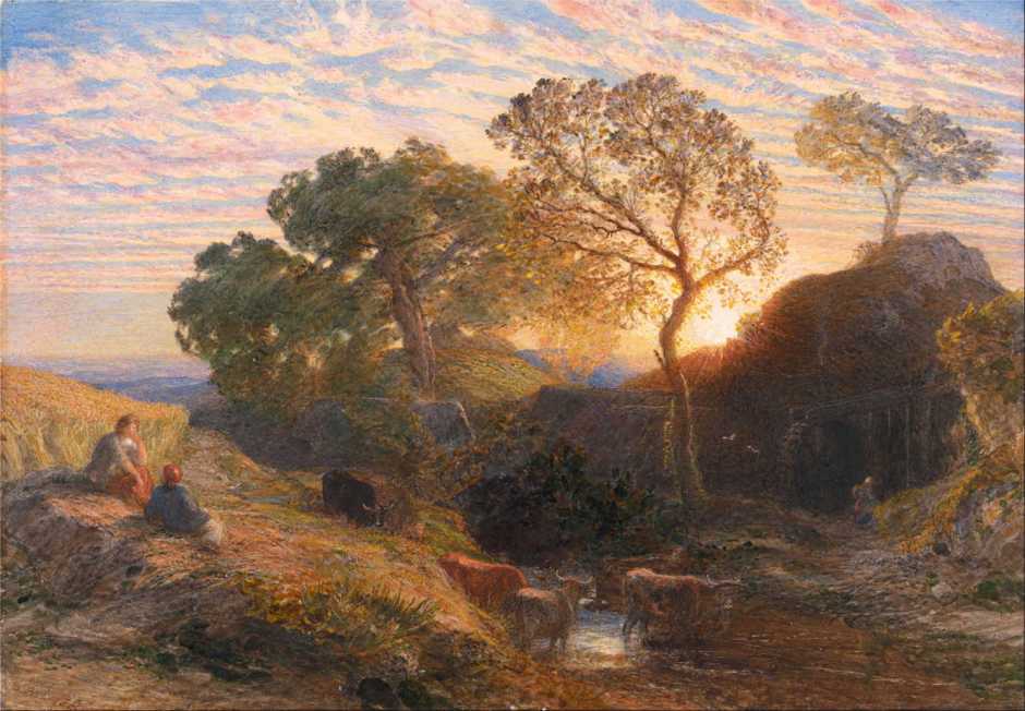 Samuel Palmer, Sunset (1861), watercolour, gouache, gum and graphite on paper, 27 x 38.7 cm, Yale Center for British Art, New Haven, CT. Wikimedia Commons.