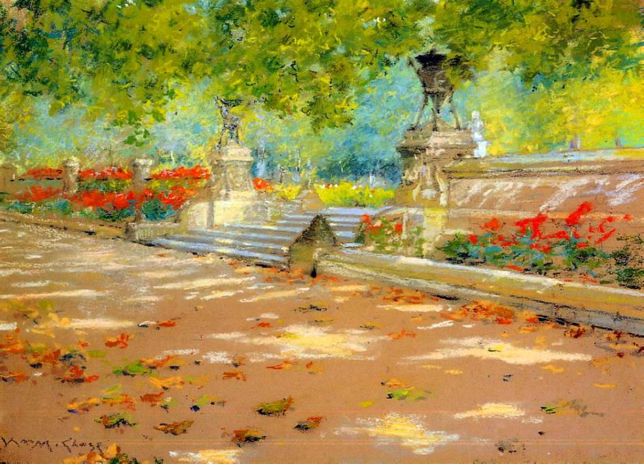 William Merritt Chase, Terrace, Prospect Park (c 1886), pastel on paper, 24 x 35 cm, Smithsonian American Art Museum, Washington, DC. WikiArt.