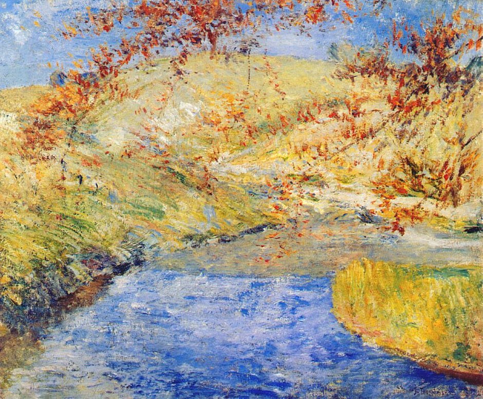 John Henry Twachtman, The Winding Brook (1887-1900), oil on canvas, 63.5 x 76.5 cm, Akron Art Museum, Akron, OH. WikiArt.