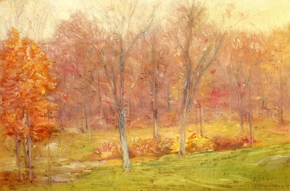 Julian Alden Weir, Autumn Rain (1890), oil on canvas, 40.64 x 61.6 cm, Private collection. WikiArt.