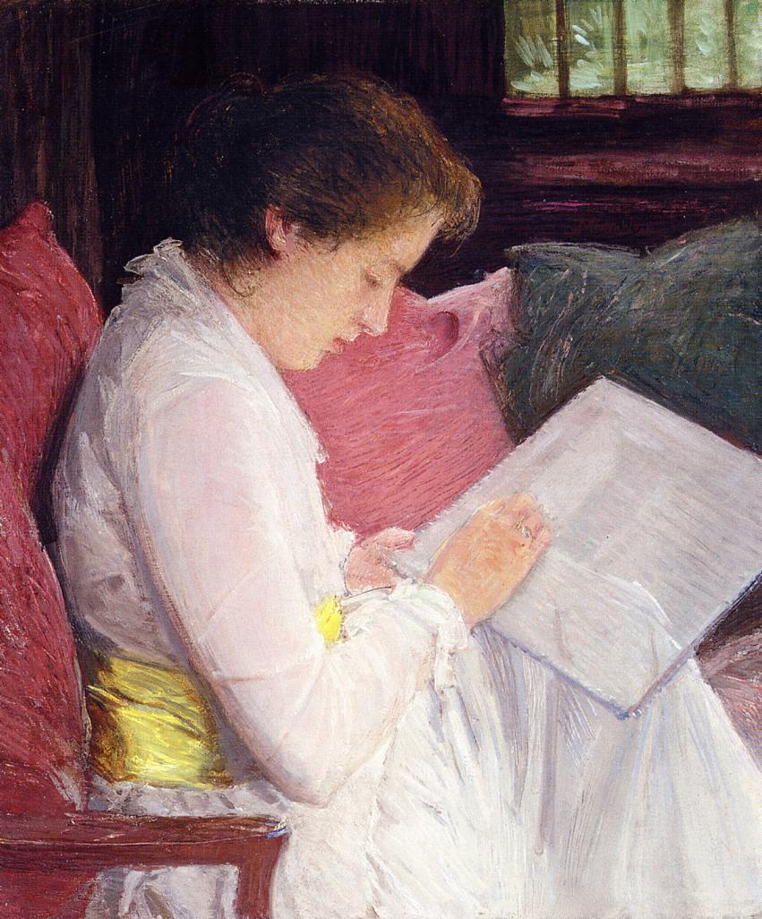 Julian Alden Weir, The Lace Maker (1915), oil on canvas, 77.5 x 64.8 cm, Private collection. WikiArt.