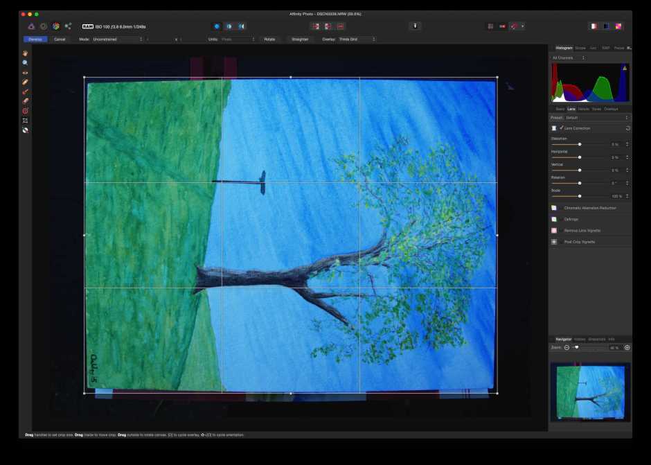 Affinity Photo: correcting distortion in a rectangular object is easy by placing the crop box just outside its edges.