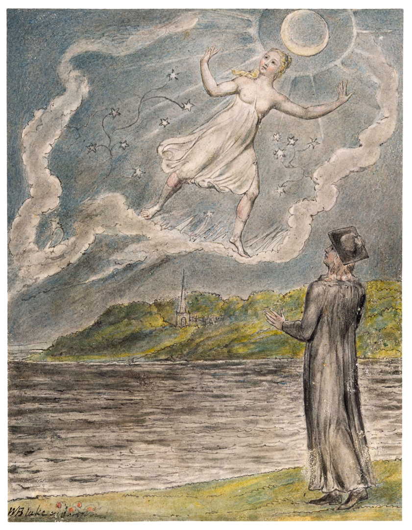 William Blake, The Wandering Moon (illustration to John Milton, L'Allegro and Il Penseroso) (1816-20), watercolour, 16 x 12 cm, various locations. WikiArt.