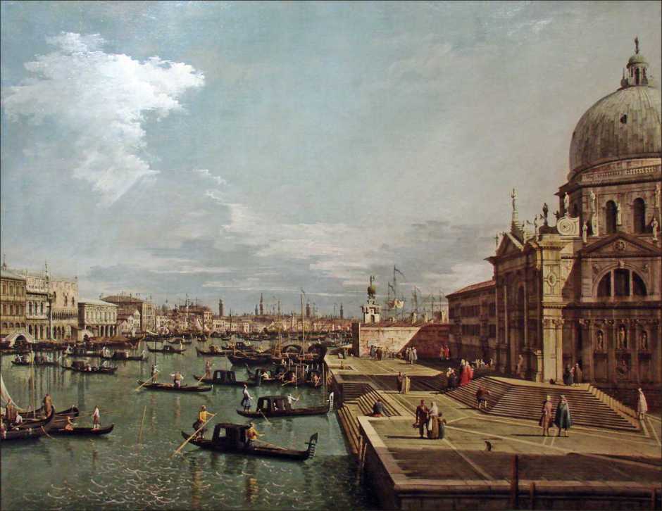 Canaletto (Giovanni Antonio Canal), The Entrance to the Grand Canal and the Church of Santa Maria della Salute, Venice (1735-40), oil on canvas, 119 x 153 cm, Musée du Louvre, Paris. By Jean-Pierre Dalbéra from Paris, France, via Wikimedia Commons.