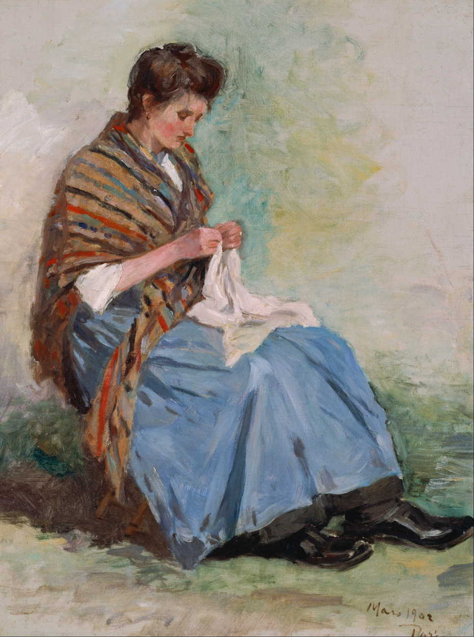 Asai Chū, Woman Sewing (1902), oil on canvas, 60.7 x 45.5 cm, Bridgestone Museum of Art, Tokyo. Wikimedia Commons.